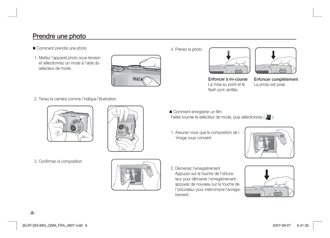 Samsung EC-S85ZZSAA, EC-S85ZZPAA, EC-S85ZZBAA manual Prendre une photo, Comment prendre une photo, Enfoncer complètement 