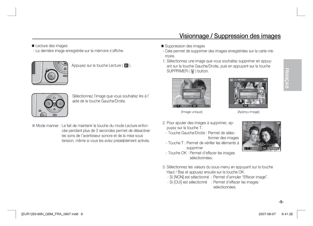 Samsung EC-S85ZZBAA, EC-S85ZZPAA Visionnage / Suppression des images, Touche T Permet de vériﬁ er les éléments à supprimer 