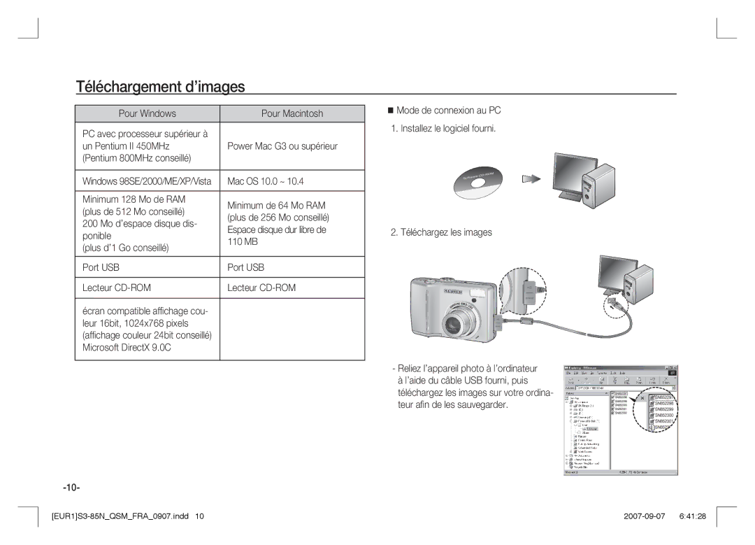 Samsung EC-S85ZZPAA manual Téléchargement d’images, Pour Windows Pour Macintosh, Mac OS 10.0 ~, Leur 16bit, 1024x768 pixels 