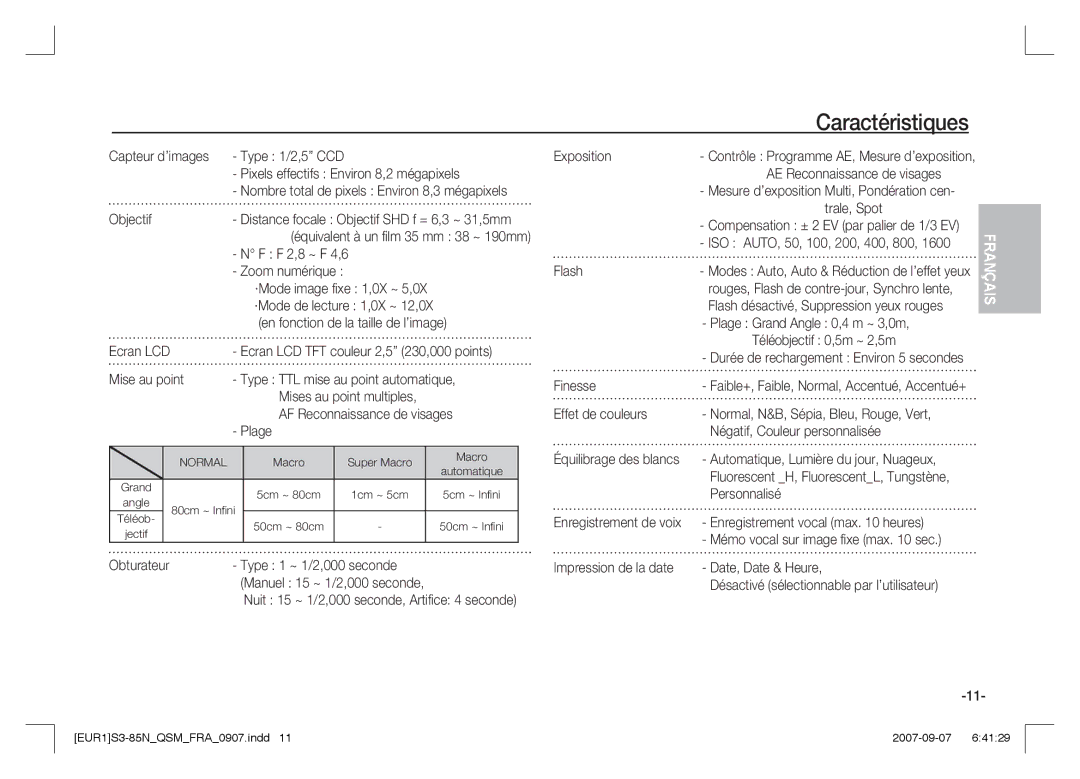 Samsung EC-S85ZZSAA, EC-S85ZZPAA, EC-S85ZZBAA manual Caractéristiques 