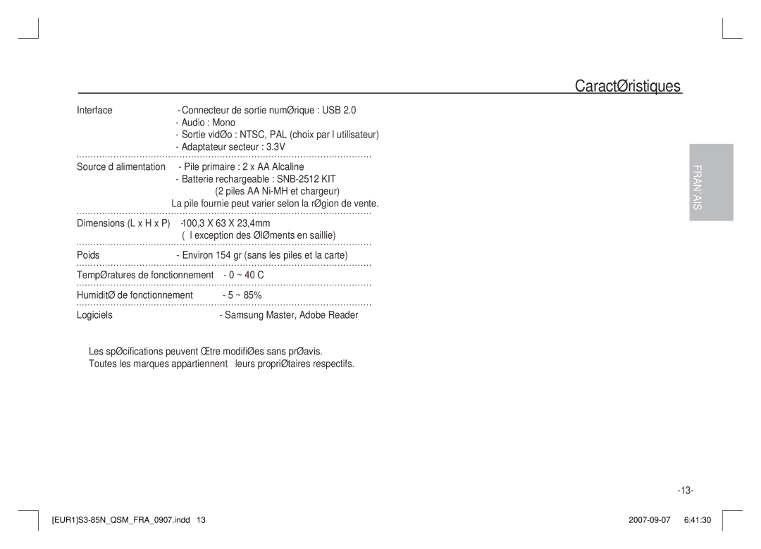 Samsung EC-S85ZZPAA Interface, Adaptateur secteur, Source d’alimentation Pile primaire 2 x AA Alcaline, Poids, Logiciels 