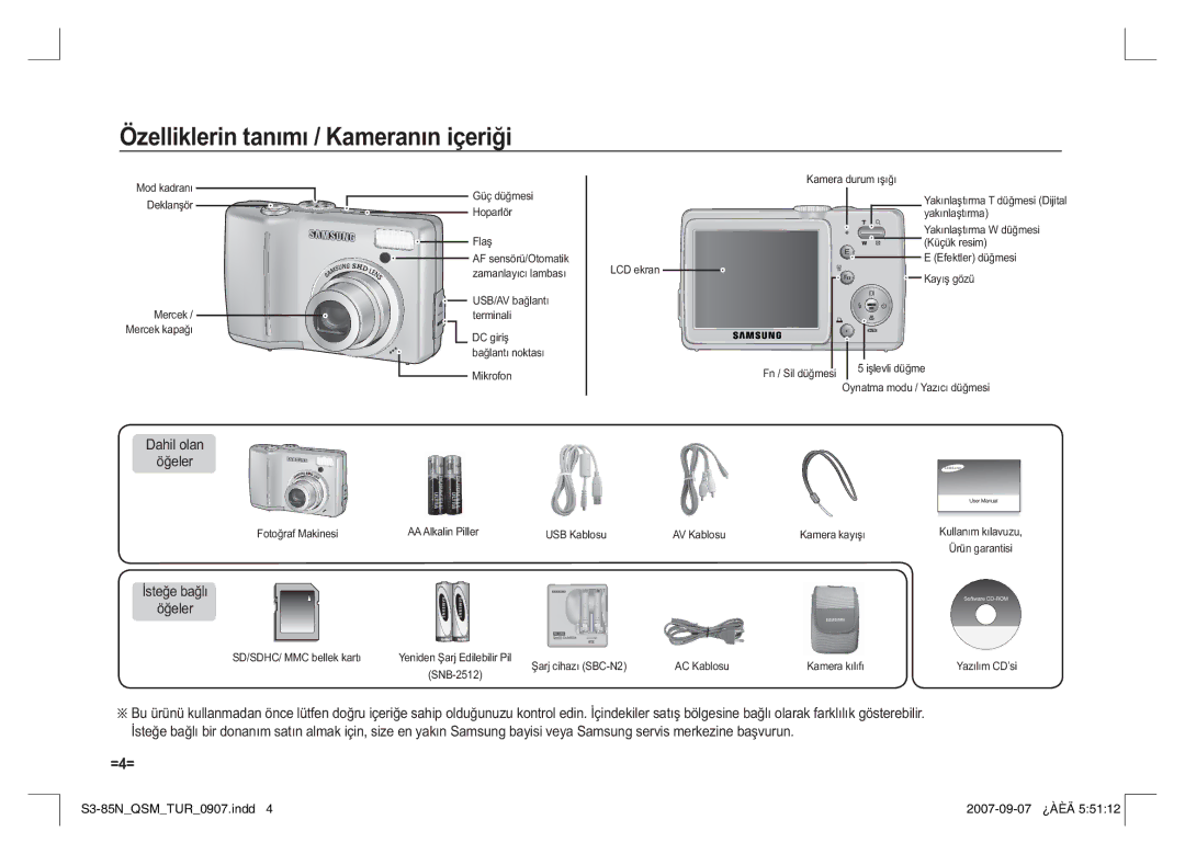 Samsung EC-S85ZZSAA, EC-S85ZZPAA manual Özelliklerin tanımı / Kameranın içeriği, Dahil olan Öğeler, İsteğe bağlı Öğeler 