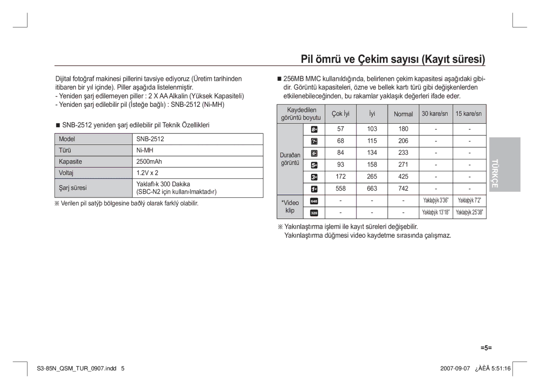 Samsung EC-S85ZZBAA, EC-S85ZZPAA, EC-S85ZZSAA manual Pil ömrü ve Çekim sayısı Kayıt süresi, Kaydedilen Çok İyi Normal, Klip 