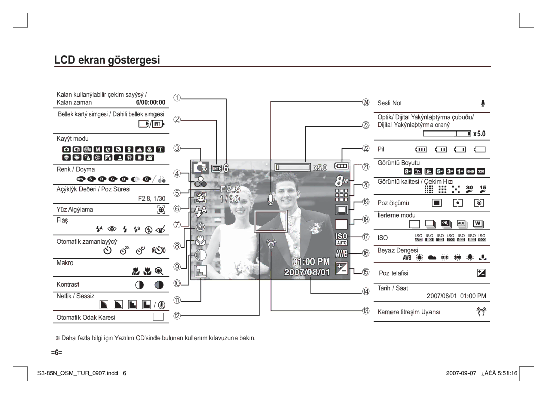 Samsung EC-S85ZZPAA, EC-S85ZZSAA manual LCD ekran göstergesi, Kalan kullanýlabilir çekim sayýsý Kalan zaman, Sesli Not 