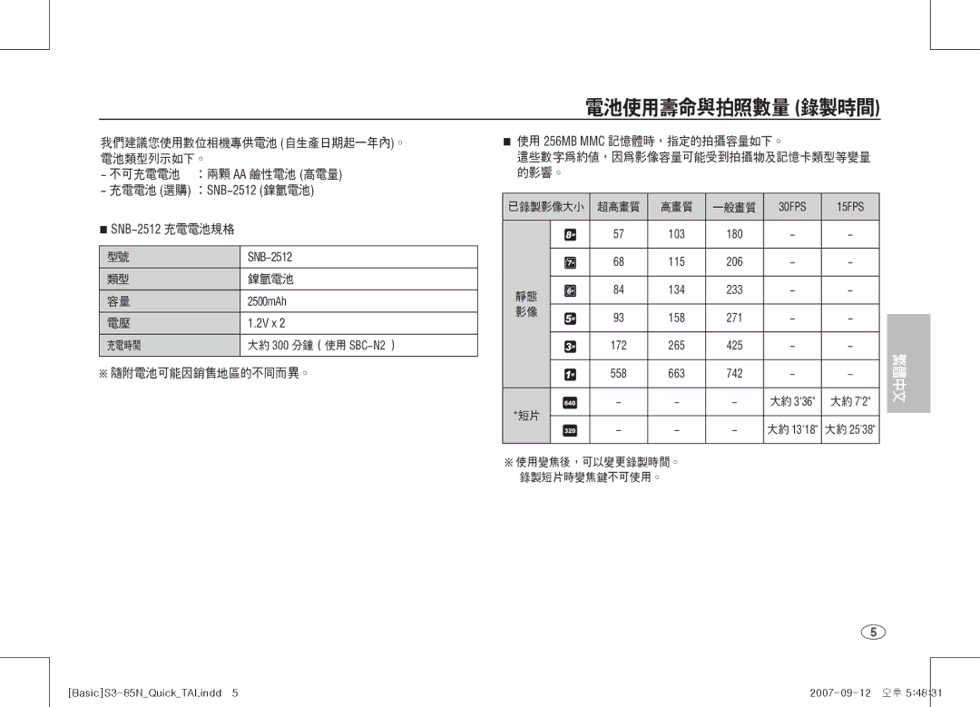 Samsung EC-S85ZZPAA, EC-S85ZZSAA, EC-S85ZZBAA manual 電池使用壽命與拍照數量 錄製時間 