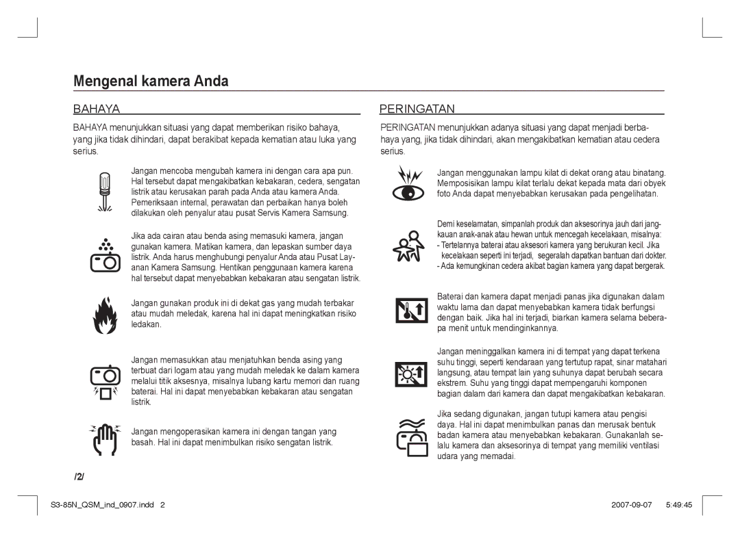 Samsung EC-S85ZZSAA, EC-S85ZZPAA, EC-S85ZZBAA manual Bahaya 