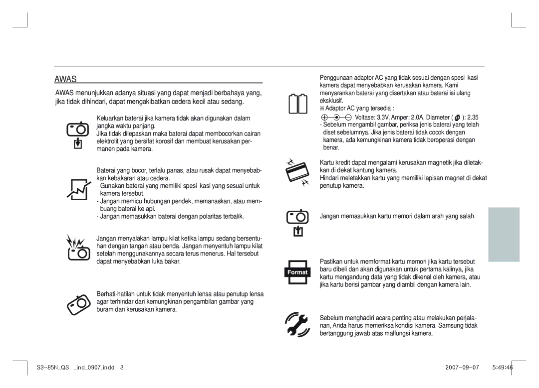 Samsung EC-S85ZZBAA, EC-S85ZZPAA, EC-S85ZZSAA manual Awas 