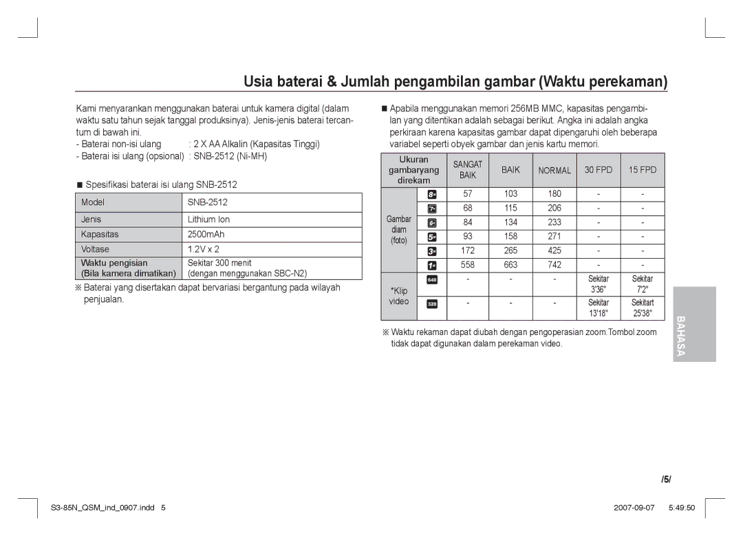 Samsung EC-S85ZZSAA, EC-S85ZZPAA, EC-S85ZZBAA manual Usia baterai & Jumlah pengambilan gambar Waktu perekaman, Ukuran, Video 
