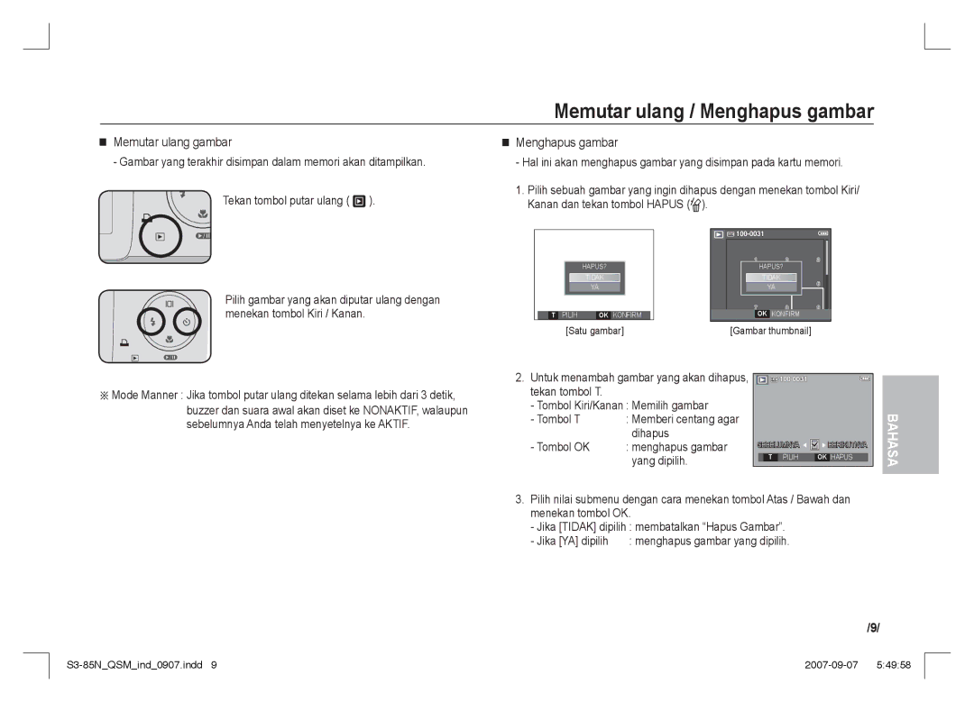 Samsung EC-S85ZZBAA, EC-S85ZZPAA, EC-S85ZZSAA manual Memutar ulang / Menghapus gambar, Memutar ulang gambar 