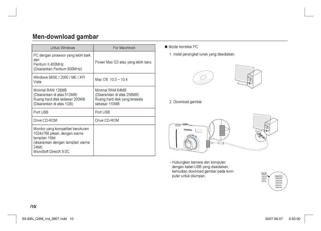 Samsung EC-S85ZZPAA, EC-S85ZZSAA, EC-S85ZZBAA manual Men-download gambar, Mode koneksi PC 