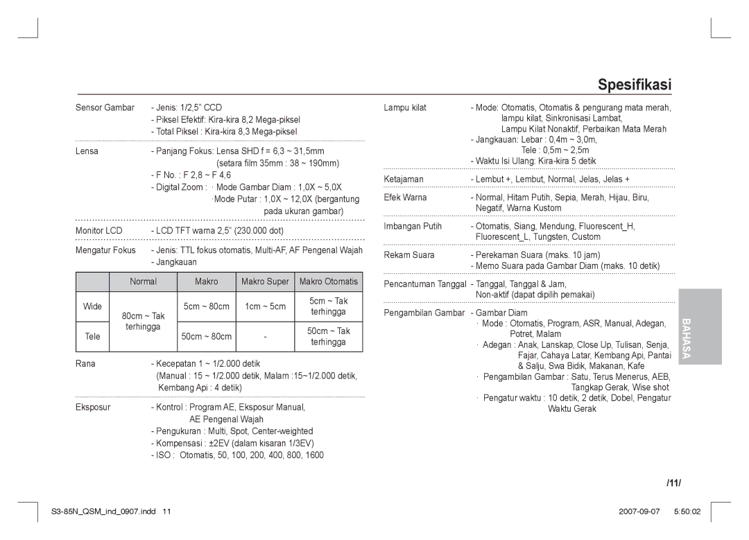 Samsung EC-S85ZZSAA, EC-S85ZZPAA, EC-S85ZZBAA manual Spesiﬁkasi 