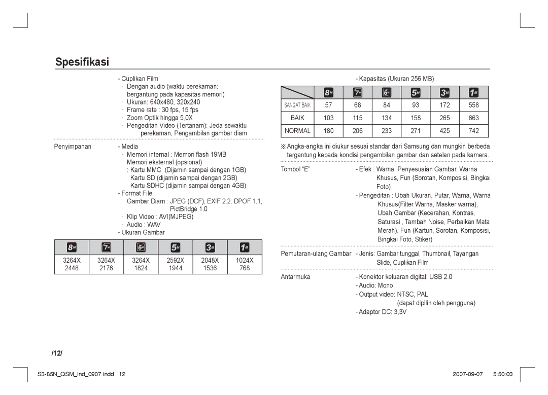 Samsung EC-S85ZZBAA manual Cuplikan Film, 3264X, Kapasitas Ukuran 256 MB, Tombol E, Foto, KhususFilter Warna, Masker warna 
