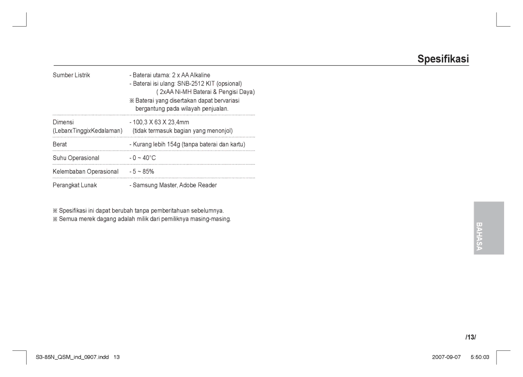 Samsung EC-S85ZZPAA, EC-S85ZZSAA manual ÄBaterai yang disertakan dapat bervariasi, Bergantung pada wilayah penjualan, Berat 