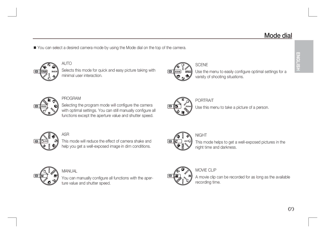 Samsung EC-S85ZZBAA, EC-S85ZZPAA, EC-S85ZZSAA manual Mode dial, Use this menu to take a picture of a person 