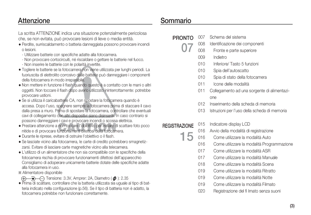 Samsung EC-S85ZZSBA/IT Attenzione, Sommario, One, Inserimento della scheda di memoria 013, Come utilizzare la modalità ASR 