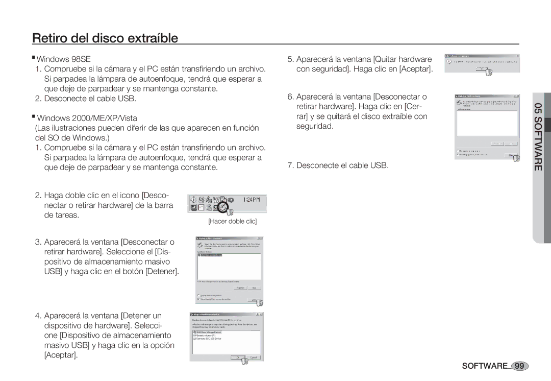 Samsung EC-S85ZZSBA/E2, EC-S85ZZSBA/E1, EC-S85ZZPBA/E1, EC-S85ZZBBA/E1 Retiro del disco extraíble, Windows 98SE, De tareas 