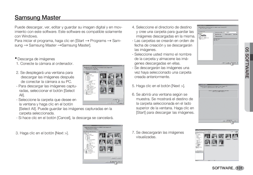 Samsung EC-S85ZZBBA/E1, EC-S85ZZSBA/E1, EC-S85ZZSBA/E2 manual Samsung Master, Se descargarán las imágenes visualizadas 