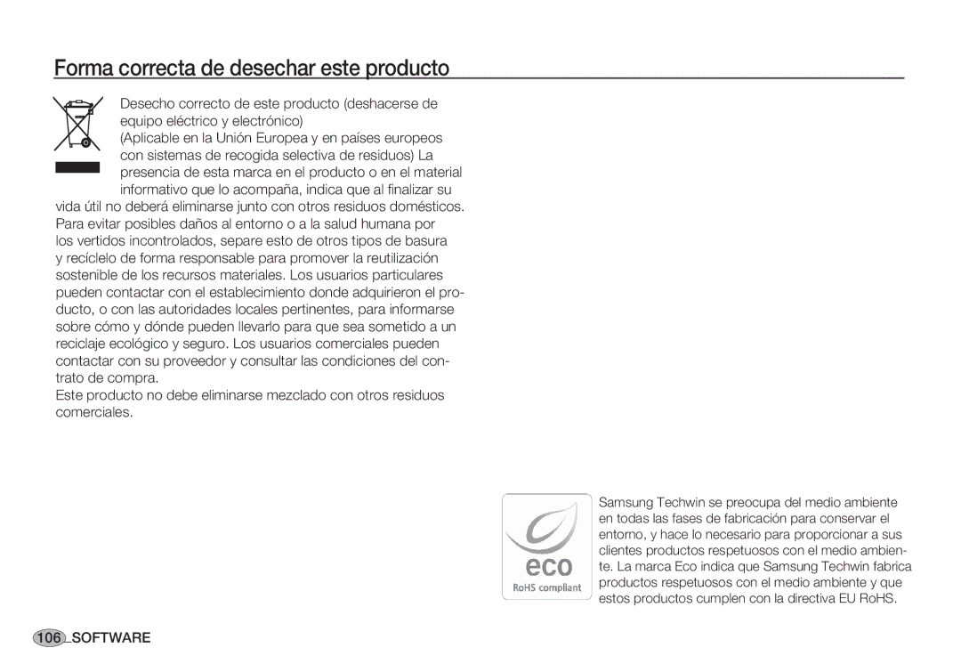 Samsung EC-S85ZZSBB/SP, EC-S85ZZSBA/E1, EC-S85ZZSBA/E2, EC-S85ZZPBA/E1 manual Forma correcta de desechar este producto 