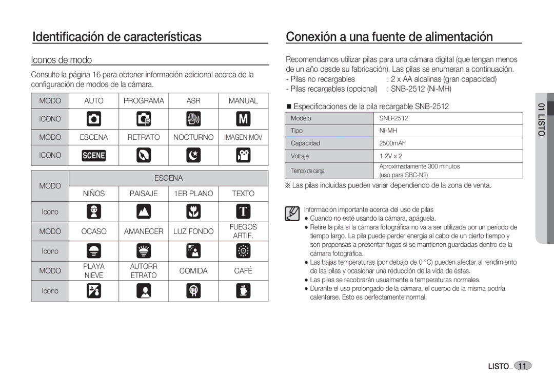 Samsung EC-S85ZZSBA/E2, EC-S85ZZSBA/E1 manual Conexión a una fuente de alimentación, Iconos de modo, SNB-2512 Ni-MH 