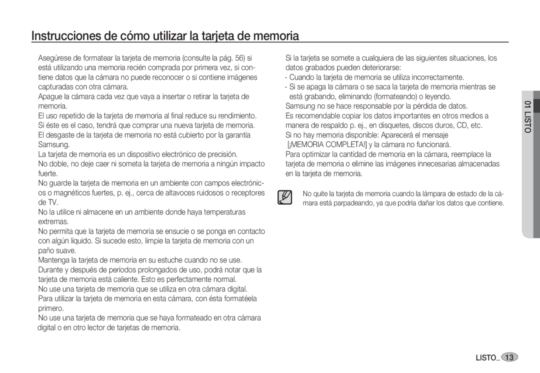 Samsung EC-S85ZZBBA/E1, EC-S85ZZSBA/E1, EC-S85ZZSBA/E2, EC-S85ZZPBA/E1 Instrucciones de cómo utilizar la tarjeta de memoria 