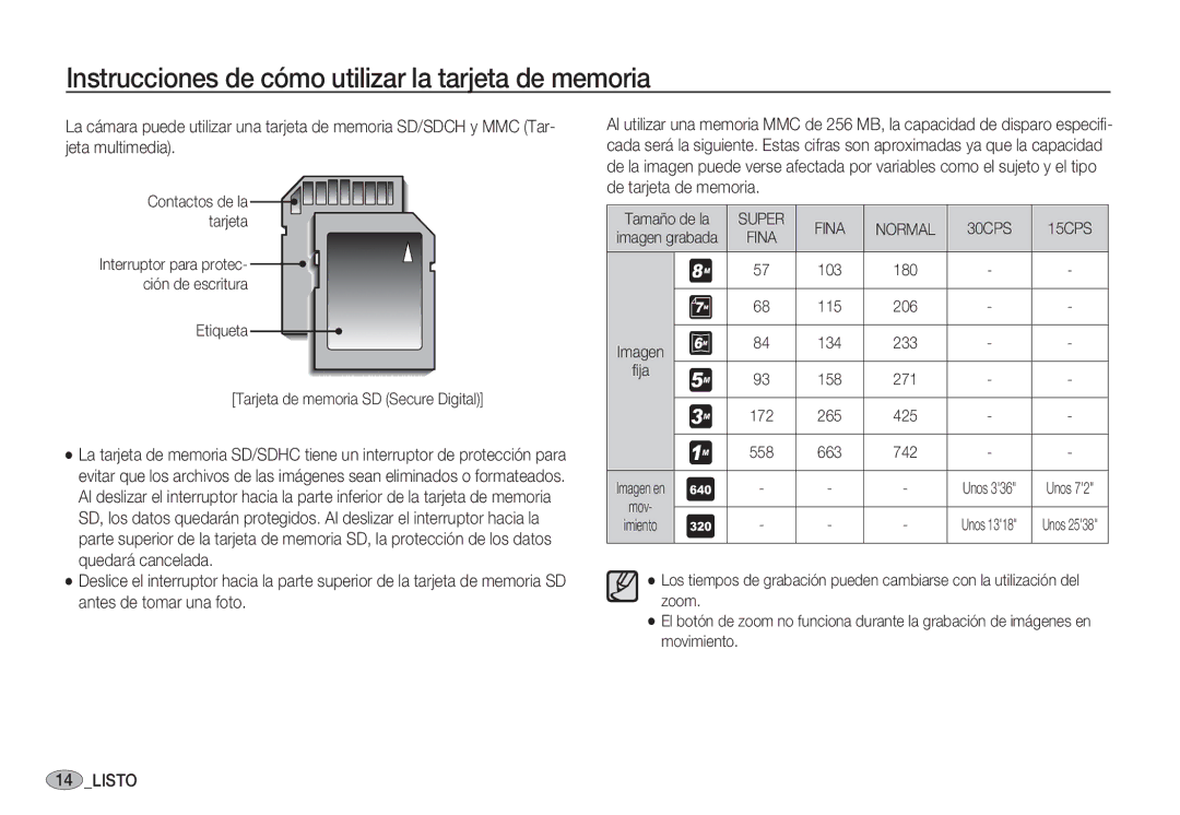 Samsung EC-S85ZZSBB/E1, EC-S85ZZSBA/E1, EC-S85ZZSBA/E2, EC-S85ZZPBA/E1 manual Contactos de la tarjeta, Fina Normal, Unos 