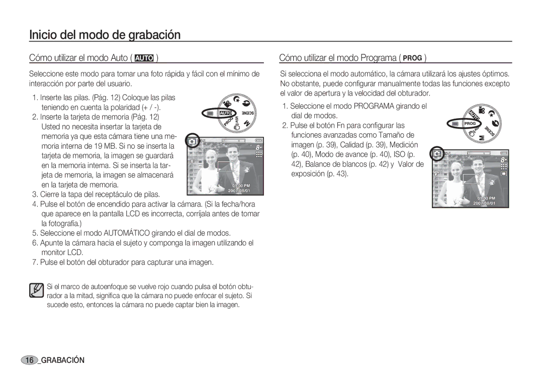 Samsung EC-S85ZZBBB/SP manual Inicio del modo de grabación, Cómo utilizar el modo Auto μ, Cómo utilizar el modo Programa ¶ 