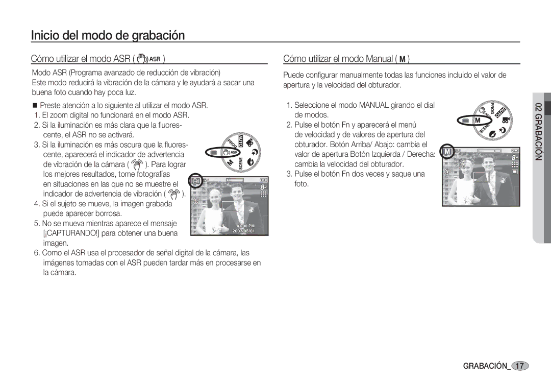 Samsung EC-S85ZZPBB/SP, EC-S85ZZSBA/E1, EC-S85ZZSBA/E2 manual Cómo utilizar el modo ASR ·, Cómo utilizar el modo Manual ¸ 