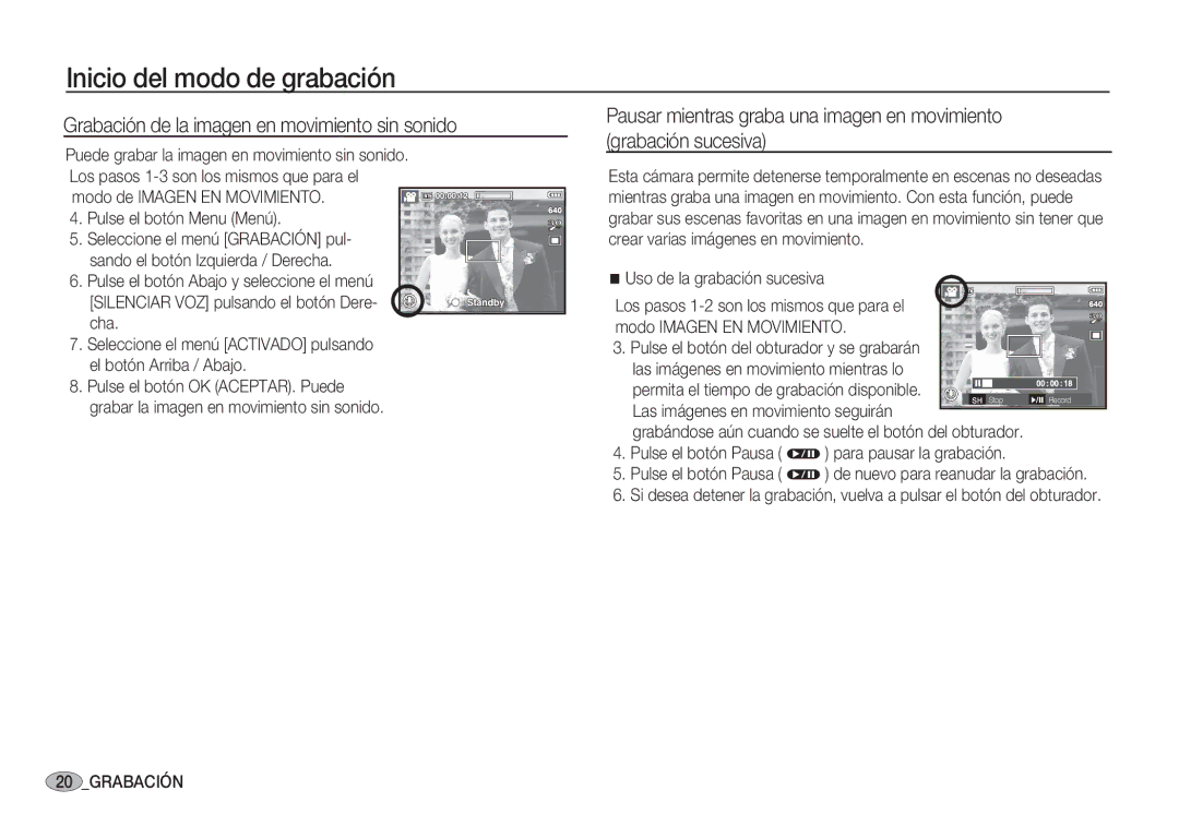 Samsung EC-S85ZZBBA/AS, EC-S85ZZSBA/E1 manual Grabación de la imagen en movimiento sin sonido, Pulse el botón Menu Menú 