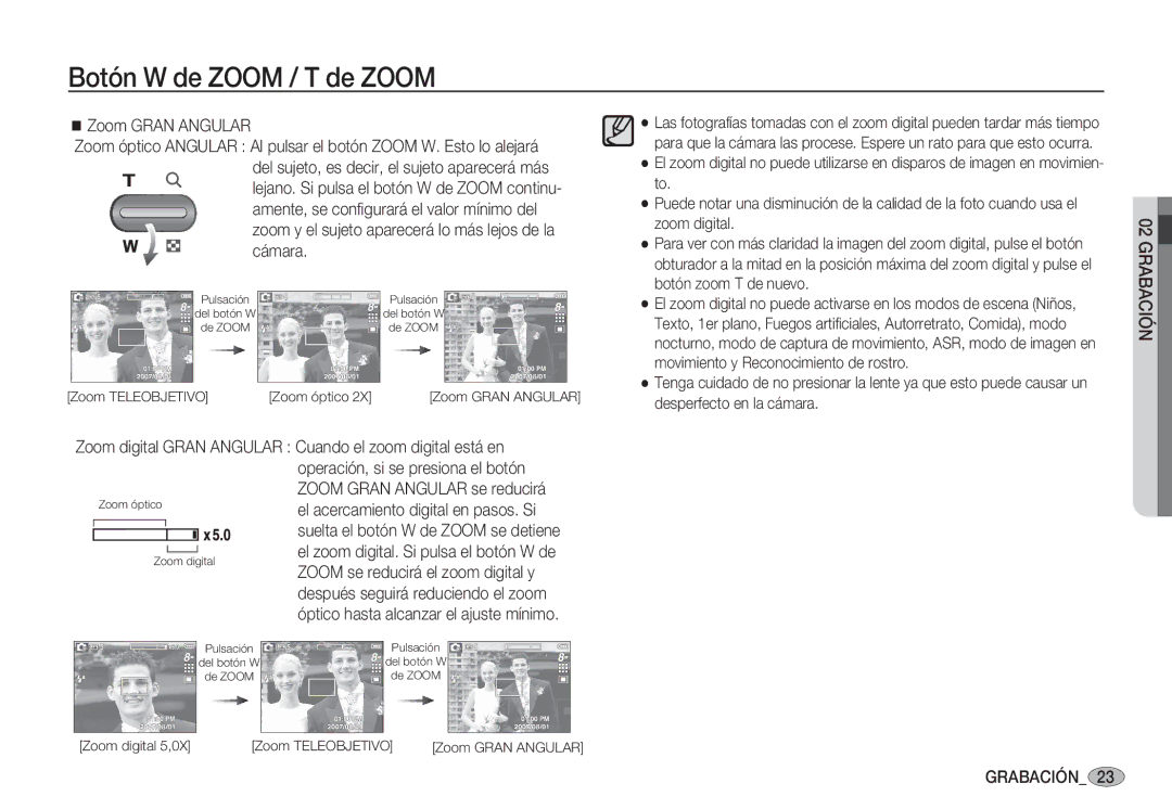 Samsung EC-S85ZZPBA/E1, EC-S85ZZSBA/E1, EC-S85ZZSBA/E2, EC-S85ZZBBA/E1 manual Zoom Teleobjetivo Zoom óptico Zoom Gran Angular 