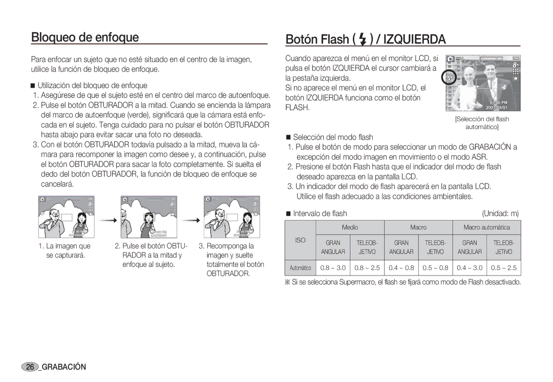 Samsung EC-S85ZZPBA/SP, EC-S85ZZSBA/E1 Bloqueo de enfoque, Botón Flash / Izquierda, Selección del modo ﬂash, Obturador 