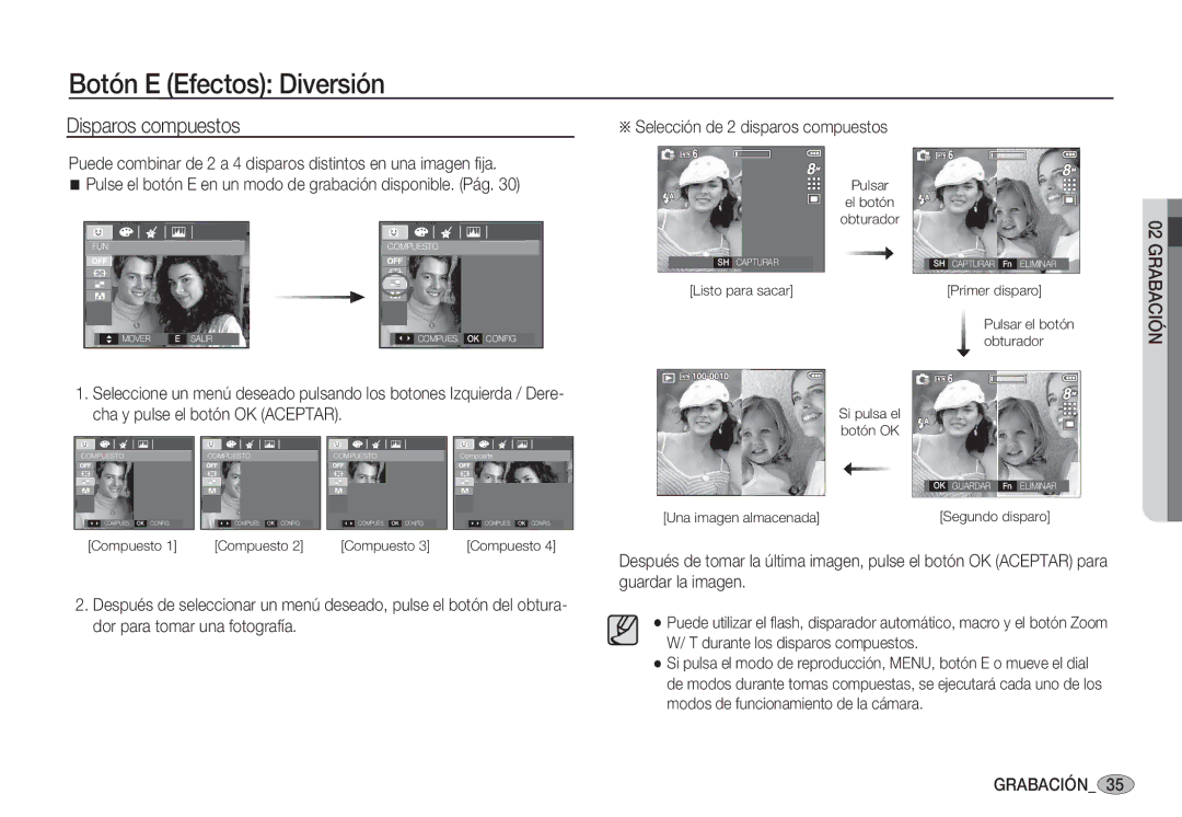 Samsung EC-S85ZZBBA/E1, EC-S85ZZSBA/E1, EC-S85ZZSBA/E2 manual Disparos compuestos, Selección de 2 disparos compuestos 