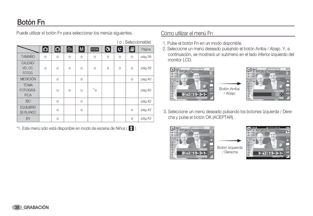 Samsung EC-S85ZZBBB/SP, EC-S85ZZSBA/E1, EC-S85ZZSBA/E2, EC-S85ZZPBA/E1 manual Botón Fn, ‰ ‚ ³ †, Cómo utilizar el menú Fn 