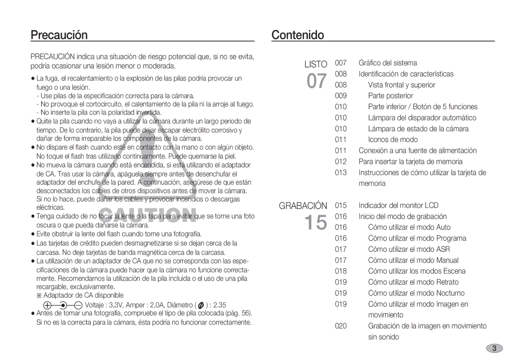 Samsung EC-S85ZZSBB/E1, EC-S85ZZSBA/E1, EC-S85ZZSBA/E2, EC-S85ZZPBA/E1, EC-S85ZZBBA/E1, EC-S85ZZPBA/SP Precaución, Contenido 