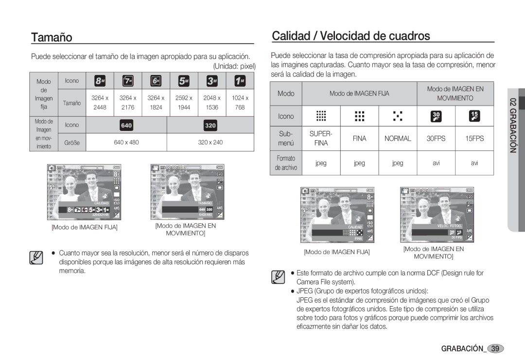 Samsung EC-S85ZZPBB/SP, EC-S85ZZSBA/E1, EC-S85ZZSBA/E2 manual Tamaño, Calidad / Velocidad de cuadros, Movimiento, 30FPS, Avi 