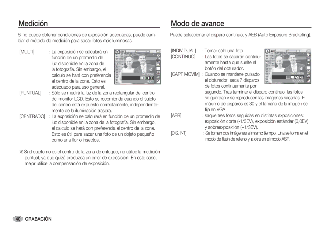 Samsung EC-S85ZZSBB/SP, EC-S85ZZSBA/E1, EC-S85ZZSBA/E2, EC-S85ZZPBA/E1, EC-S85ZZBBA/E1 manual Medición, Modo de avance 