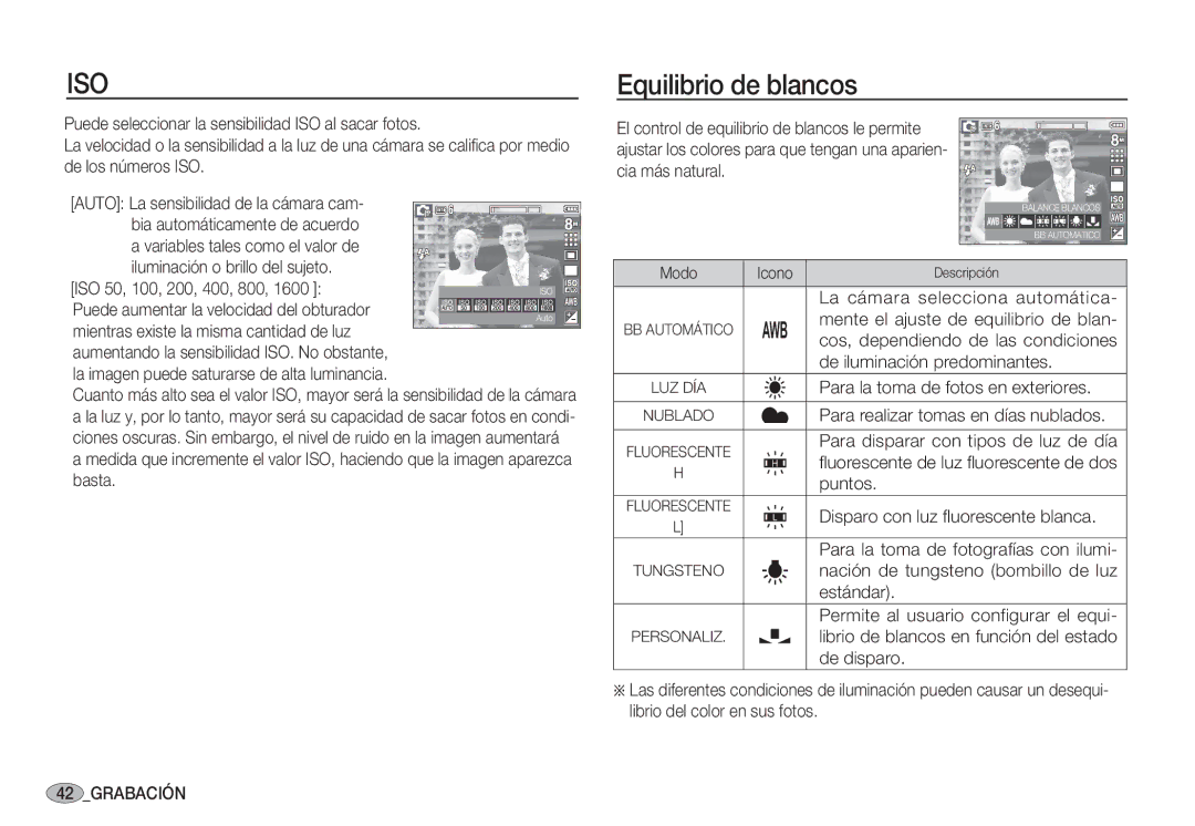 Samsung EC-S85ZZBBA/AS, EC-S85ZZSBA/E1, EC-S85ZZSBA/E2, EC-S85ZZPBA/E1, EC-S85ZZBBA/E1, EC-S85ZZSBB/E1 Equilibrio de blancos 