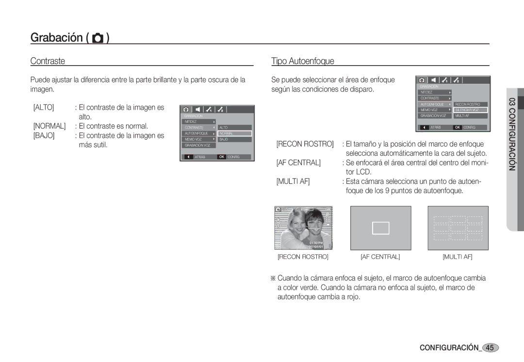 Samsung EC-S85ZZPBA/E1, EC-S85ZZSBA/E1, EC-S85ZZSBA/E2, EC-S85ZZBBA/E1, EC-S85ZZSBB/E1 manual Contraste Tipo Autoenfoque 