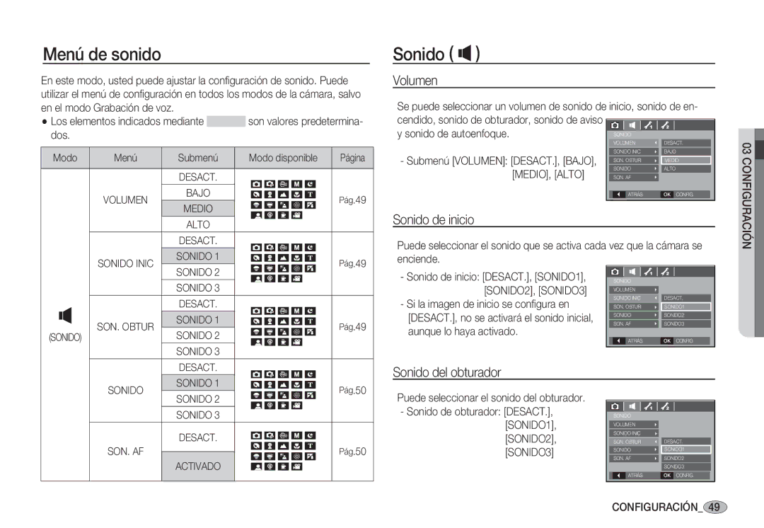 Samsung EC-S85ZZBBB/SP, EC-S85ZZSBA/E1 manual Menú de sonido Sonido Ó, Volumen, Sonido de inicio, Sonido del obturador 