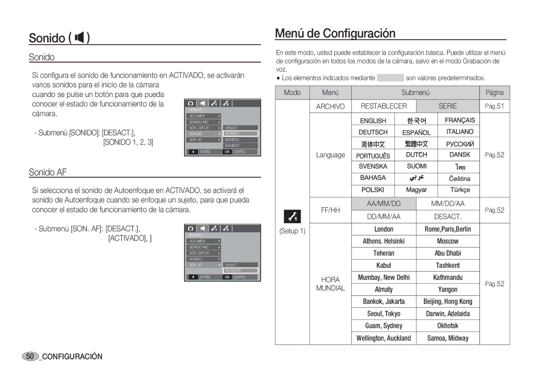 Samsung EC-S85ZZPBB/SP, EC-S85ZZSBA/E1, EC-S85ZZSBA/E2, EC-S85ZZPBA/E1, EC-S85ZZBBA/E1 Menú de Conﬁguración, Sonido AF 