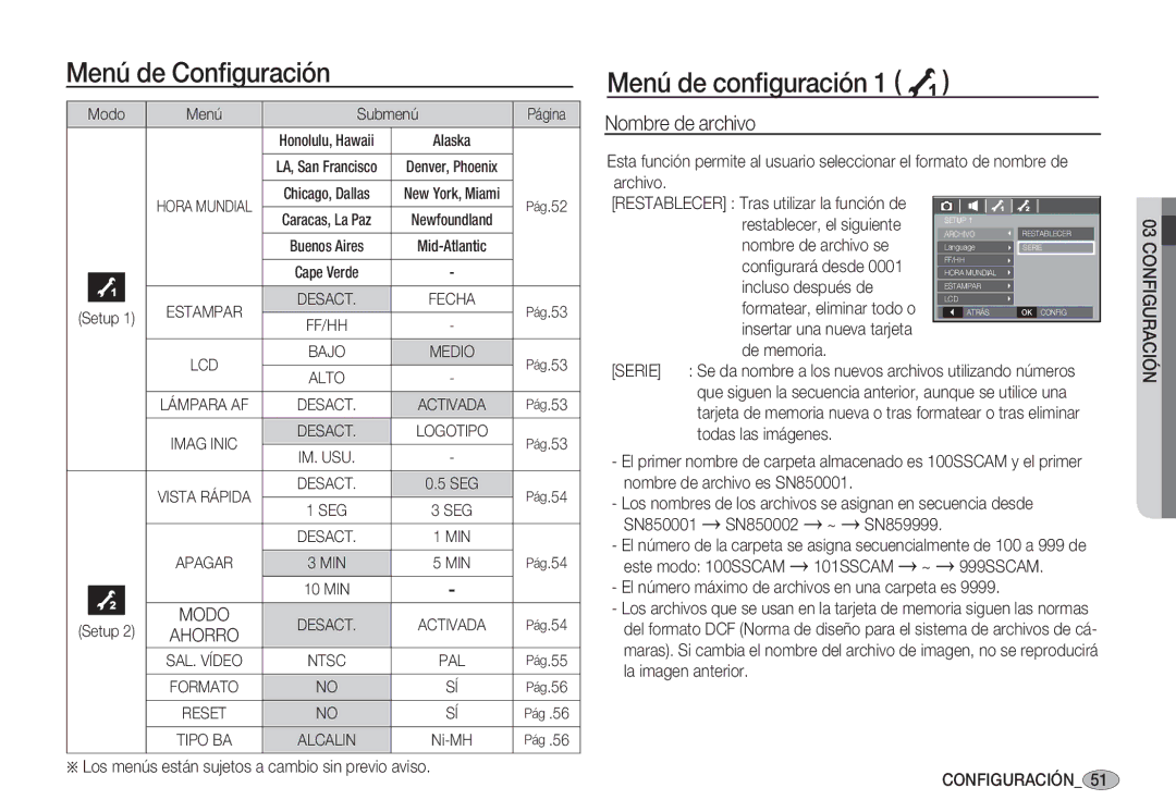 Samsung EC-S85ZZSBB/SP, EC-S85ZZSBA/E1, EC-S85ZZSBA/E2, EC-S85ZZPBA/E1 Menú de conﬁguración 1 À, Nombre de archivo, Serie 