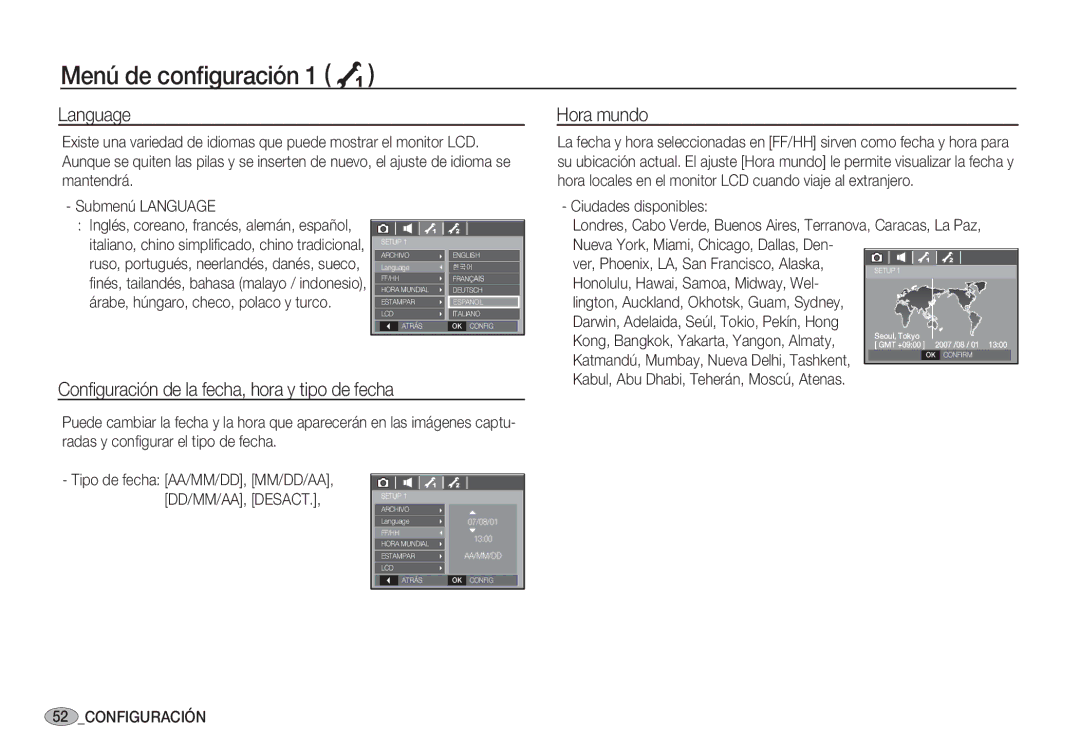 Samsung EC-S85ZZSBA/AS, EC-S85ZZSBA/E1 Hora mundo, Conﬁguración de la fecha, hora y tipo de fecha, Submenú Language 