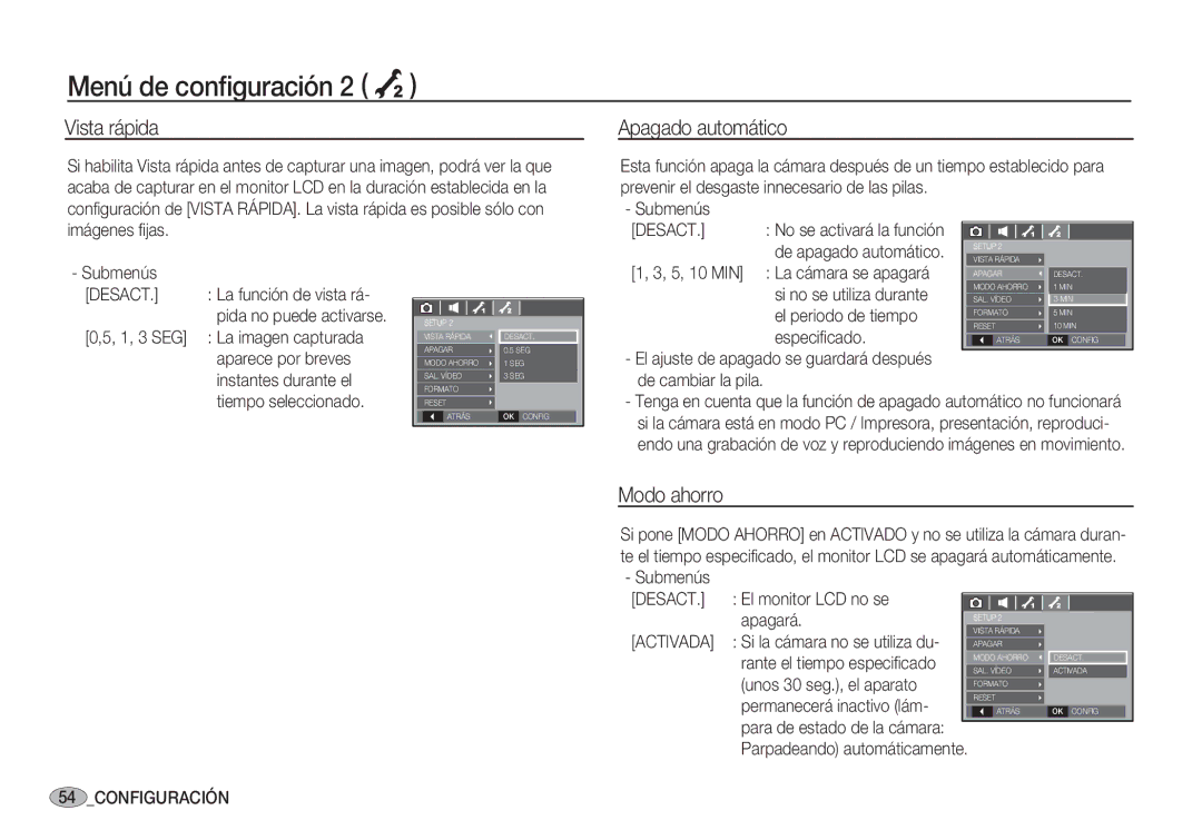 Samsung EC-S85ZZSBA/E1, EC-S85ZZSBA/E2 manual Menú de conﬁguración 2 Á, Vista rápida, Apagado automático, Modo ahorro 