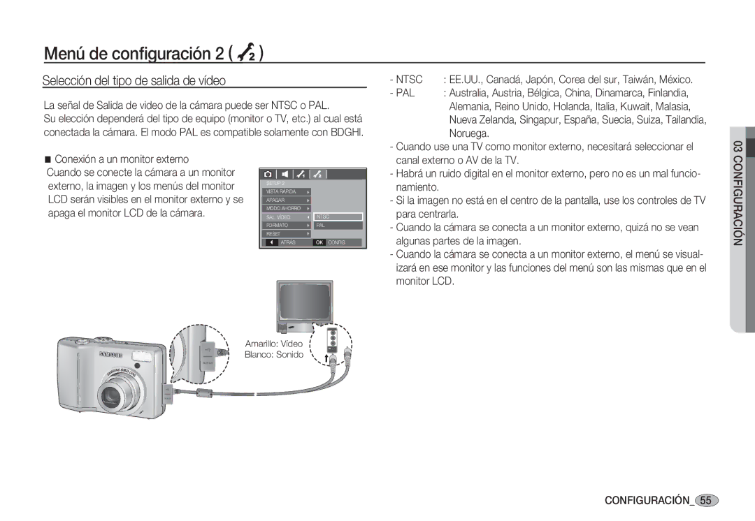 Samsung EC-S85ZZSBA/E2, EC-S85ZZSBA/E1, EC-S85ZZPBA/E1 manual Selección del tipo de salida de vídeo, Ntsc, Pal, Noruega 