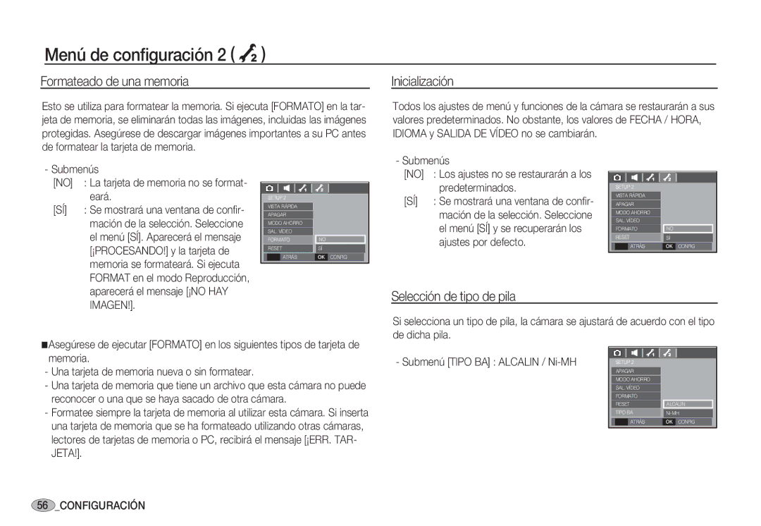 Samsung EC-S85ZZPBA/E1, EC-S85ZZSBA/E1 manual Formateado de una memoria, Inicialización, Selección de tipo de pila, Imagen 