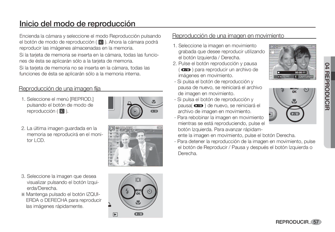 Samsung EC-S85ZZBBA/E1 manual Inicio del modo de reproducción, Reproducción de una imagen fija, Erda/Derecha, Reproducir 