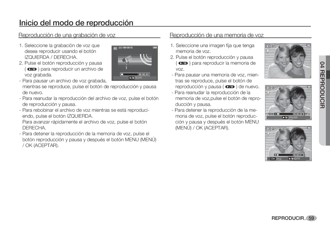 Samsung EC-S85ZZPBA/SP, EC-S85ZZSBA/E1, EC-S85ZZSBA/E2, EC-S85ZZPBA/E1 manual Izquierda / Derecha, Derecha Menú / OK Aceptar 