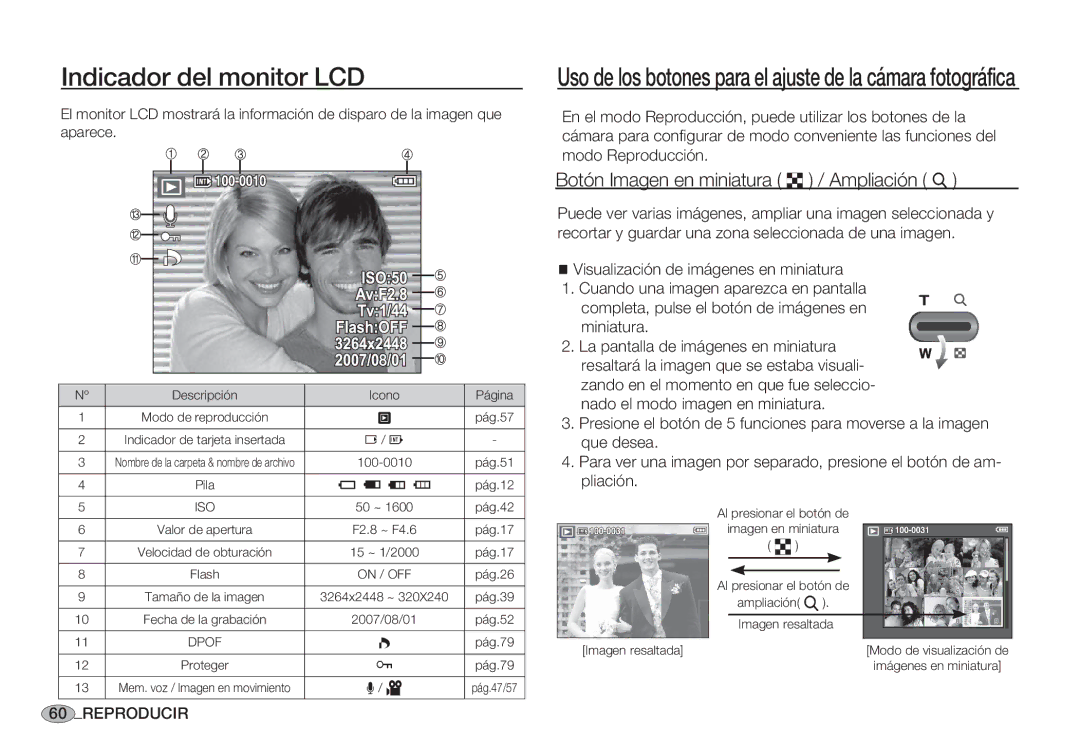 Samsung EC-S85ZZBBB/SP Uso de los botones para el ajuste de la cámara fotográfica, Visualización de imágenes en miniatura 