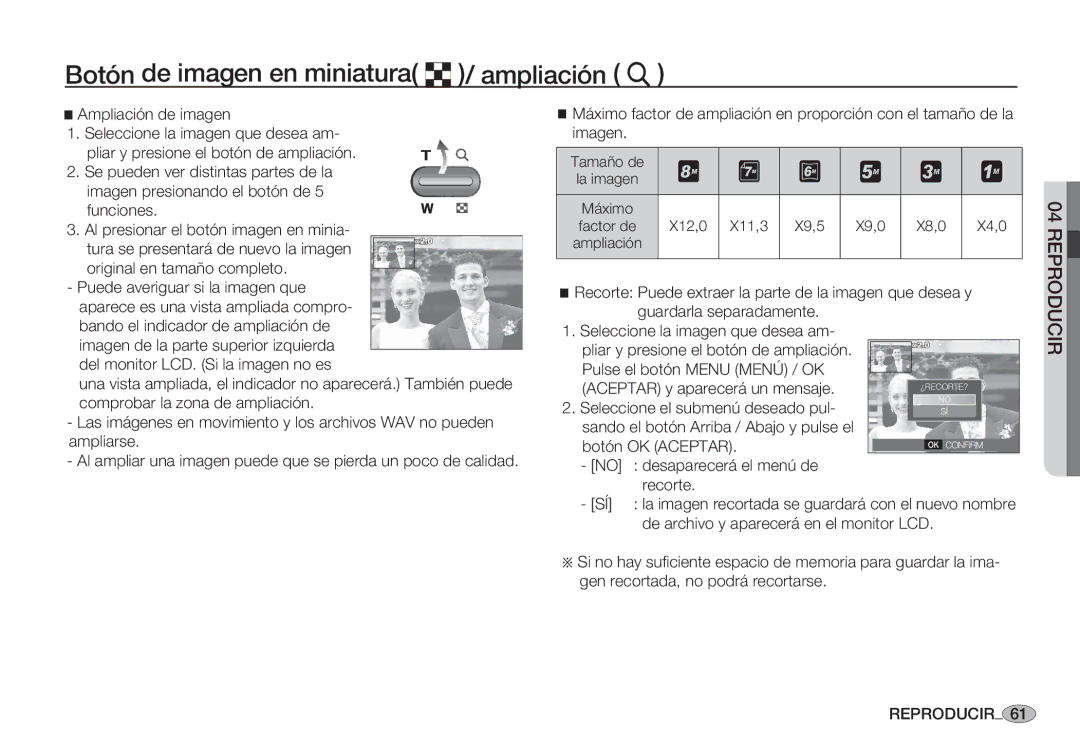 Samsung EC-S85ZZPBB/SP manual Botón de imagen en miniatura º/ ampliación í, Ampliación de imagen, Tamaño de, Máximo 