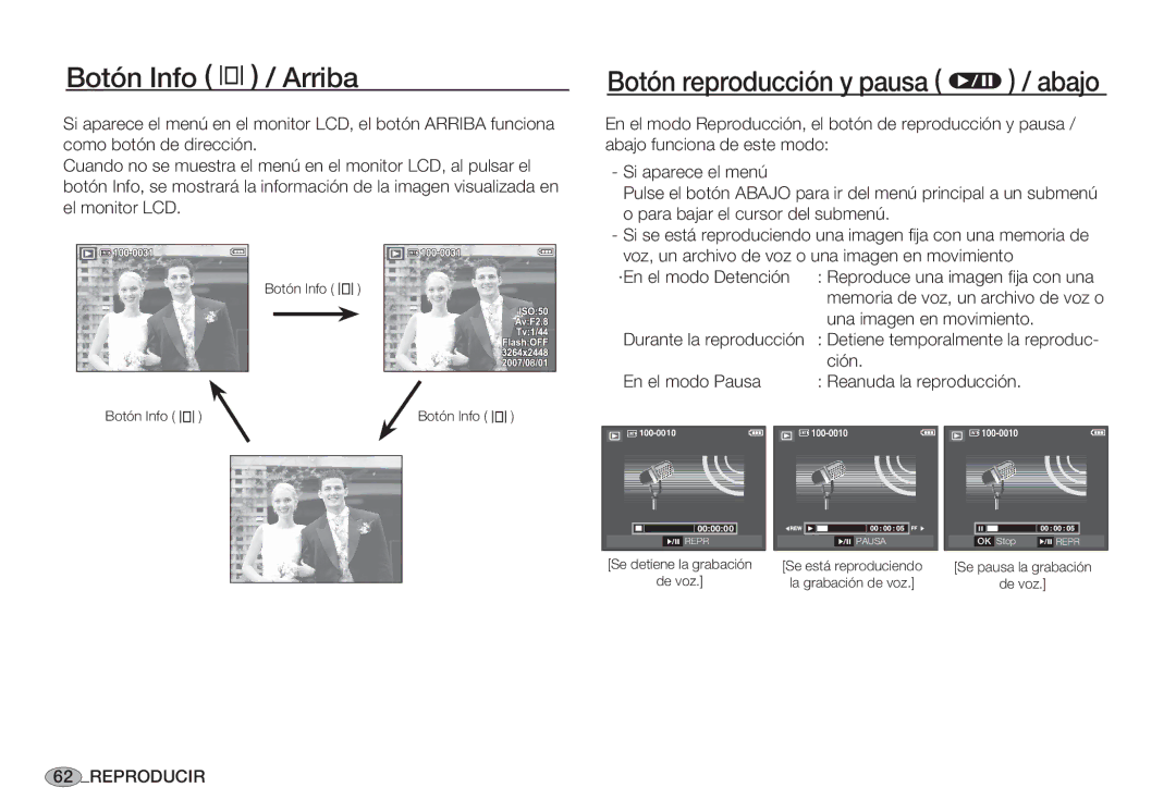 Samsung EC-S85ZZSBB/SP manual Botón reproducción y pausa Ø / abajo, ·En el modo Detención, Una imagen en movimiento, Ción 