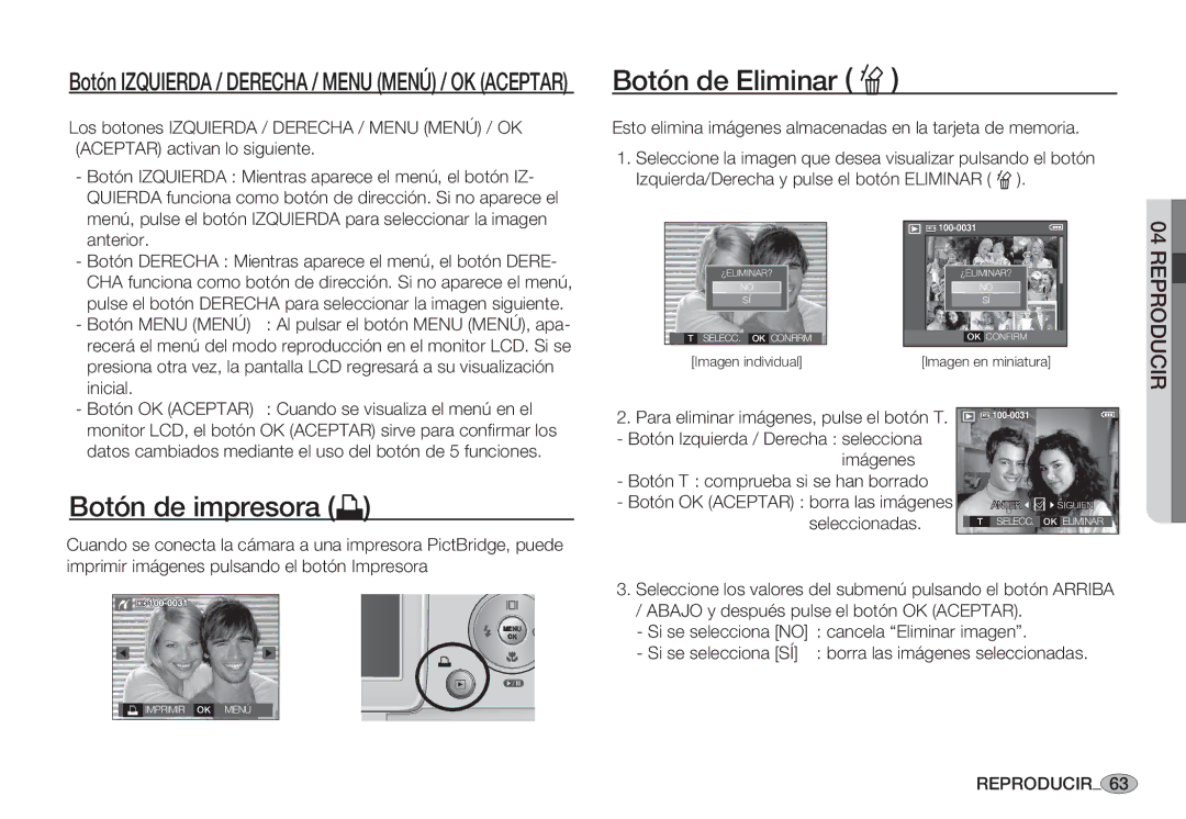 Samsung EC-S85ZZSBA/AS, EC-S85ZZSBA/E1, EC-S85ZZSBA/E2 Botón de impresora », Imágenes Botón T comprueba si se han borrado 